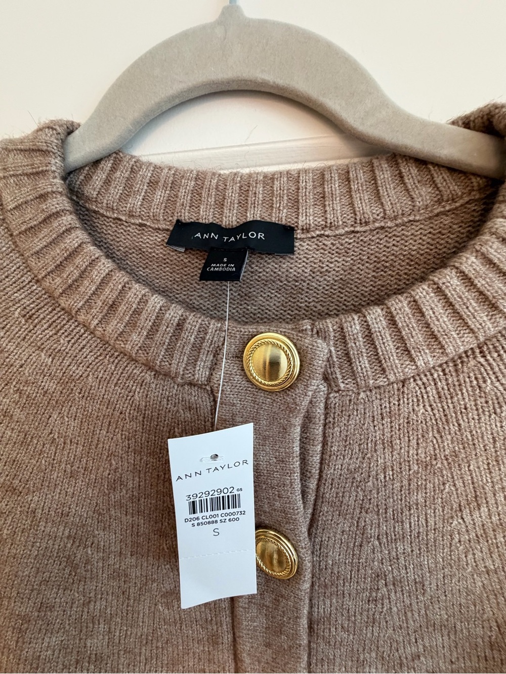 Ann Taylor Taupe Crewneck Cardigan with Gold Buttons